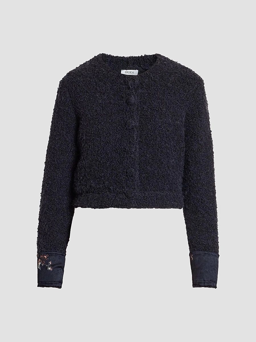 Women's Bouclé Wool-Alpaca-Blend Crewneck Cardigan - Black - Size Large