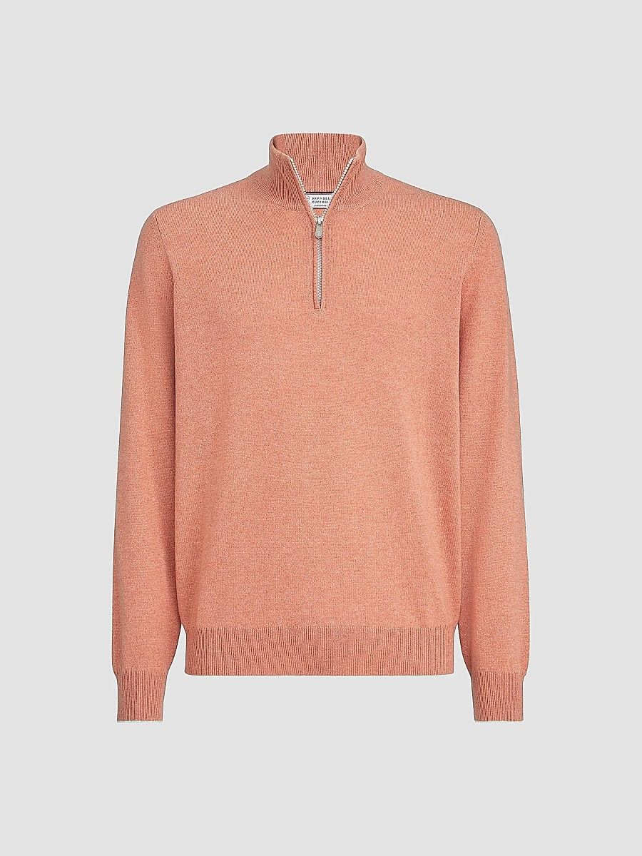 Brunello Cucinelli Men's Cashmere Sweater with Half Zip - Apricot - Size 36