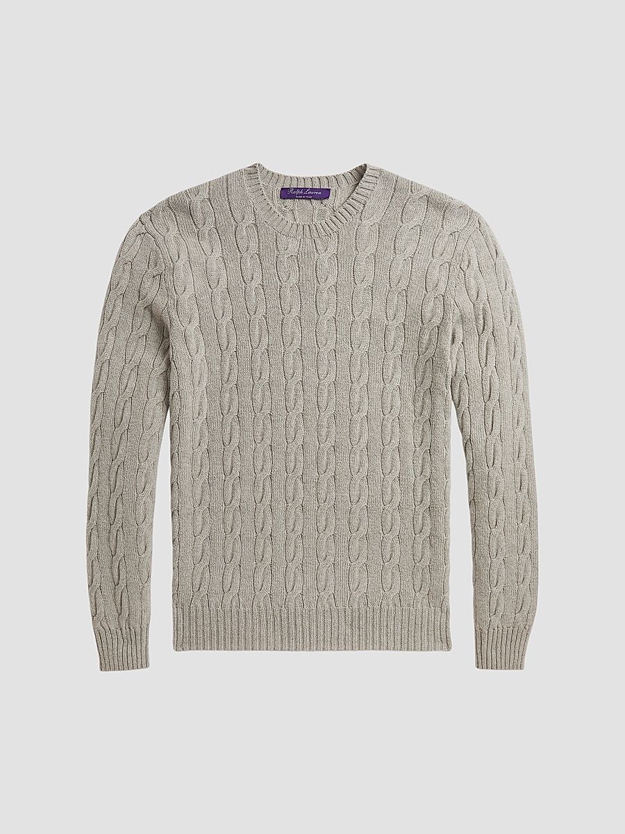 Men's Cable-Knit Cashmere Crewneck Sweater - Pearl Grey Melange - Size XXL