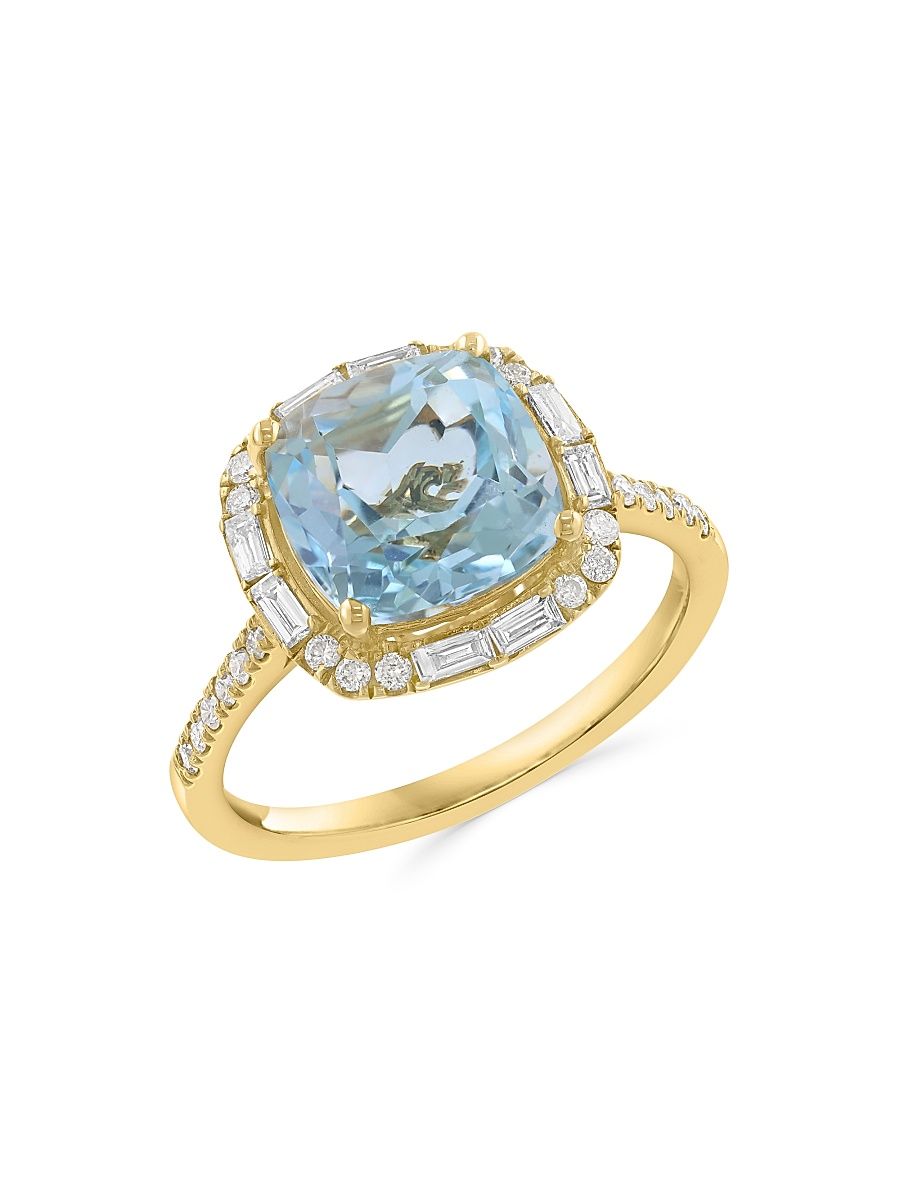 Women's 14K Yellow Gold, Blue Topaz & 0.39 TCW Diamond Halo Ring - Yellow Gold - Size 7