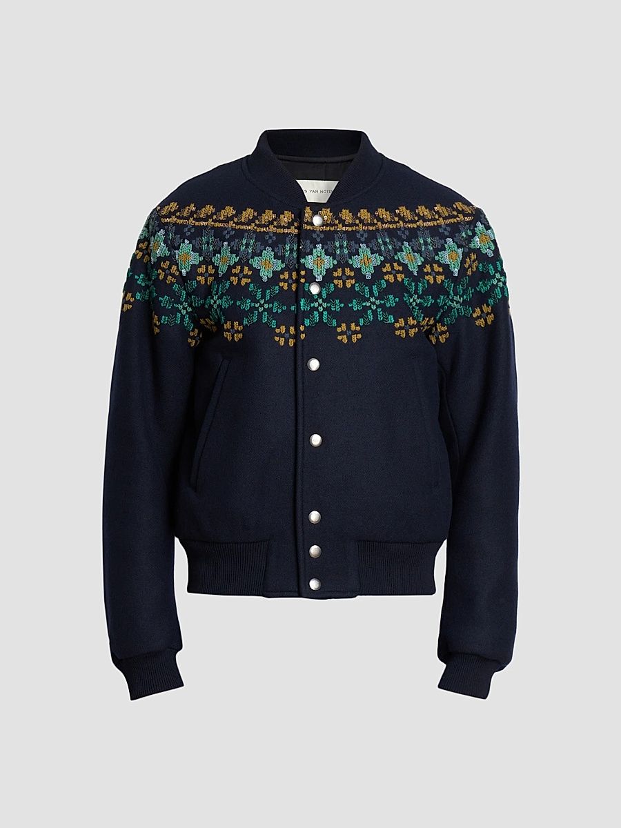 Men's Valtor Wool-Blend Intarsia-Knit Bomber Jacket - Navy - Size Large