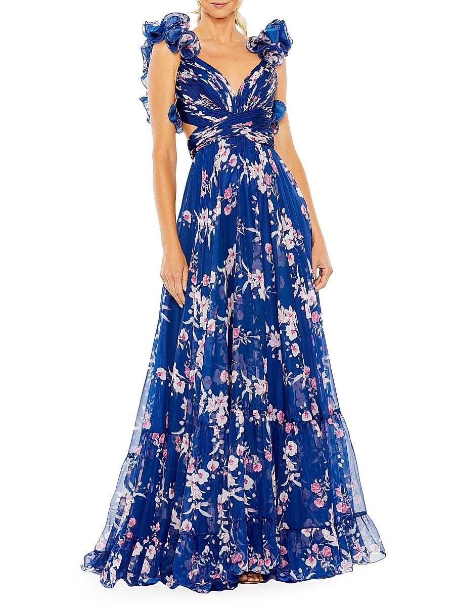 Women's Floral Ruffled Tiered Chiffon Gown - Blue Multi - Size 8