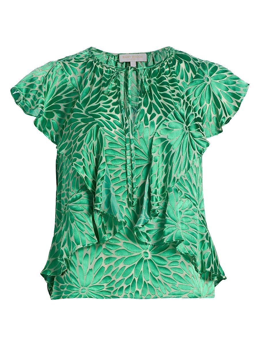 Women's Julianne Floral Ruffled Tieneck Blouse - Bright Palm Burnout - Size XL