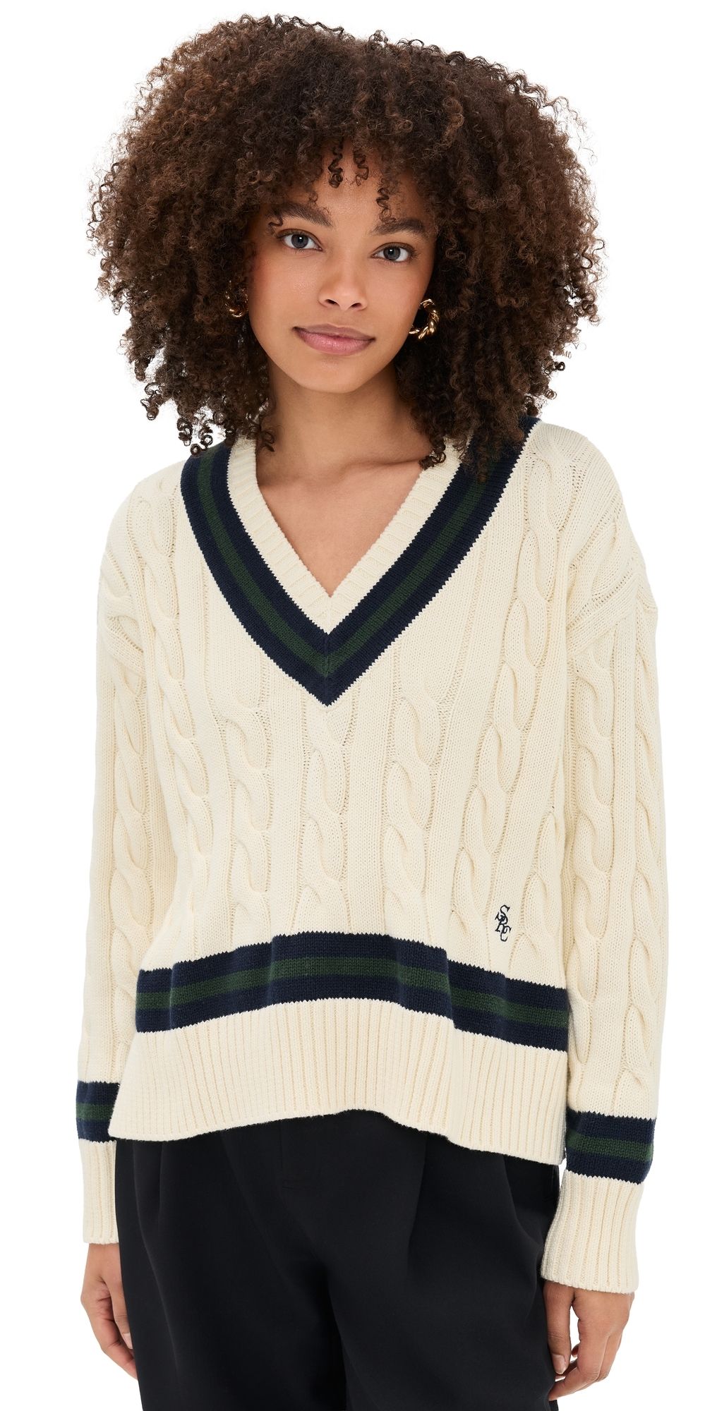 Sporty & Rich SRC Cable Knit V Neck Sweater Ecru/Dark Navy/Forest S