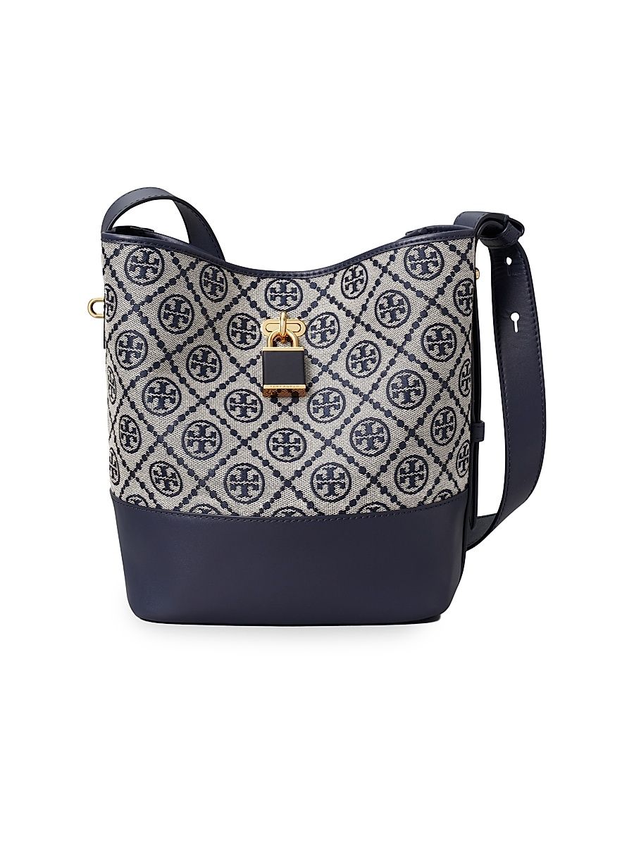 Women's Lock T Monogram Slim Medium Bucket Bag - Tory Navy