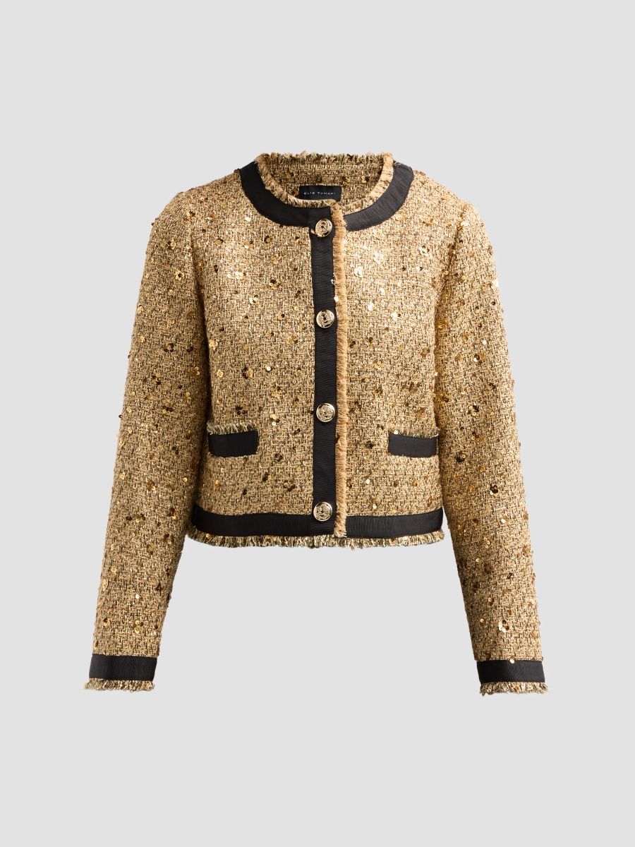 Elie Tahari Women's The Hadley Sequin Tweed Lady Jacket - Gold Sequins - Size XL