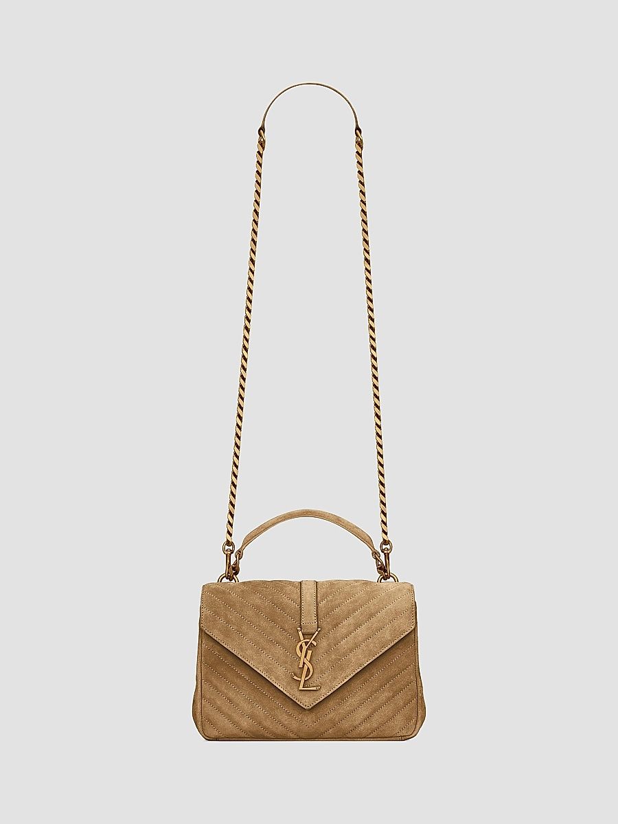Saint Laurent Women's College Medium Shoulder Bag in Quilted Suede - Golden Leaf