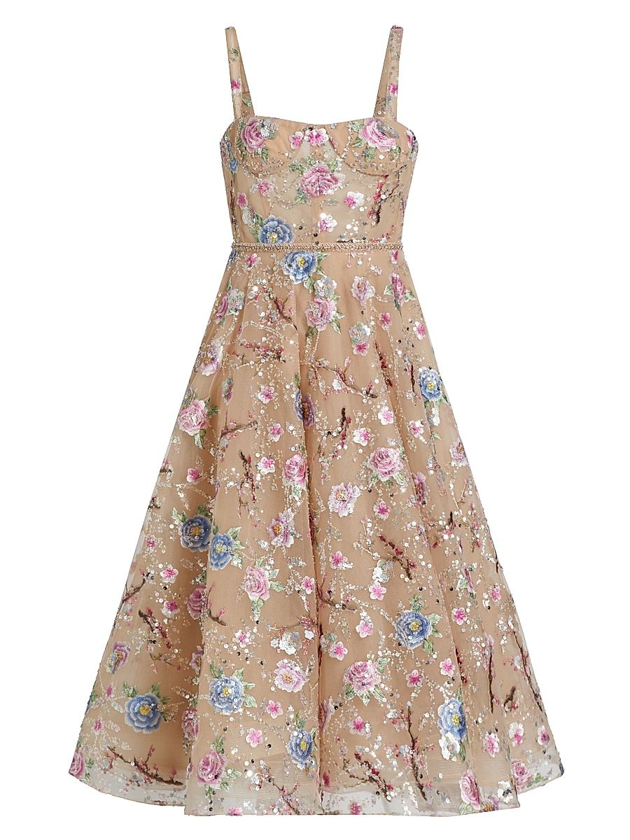 Women's Mademoiselle Embroidered Floral Midi-Dress - Gold Multi - Size Large