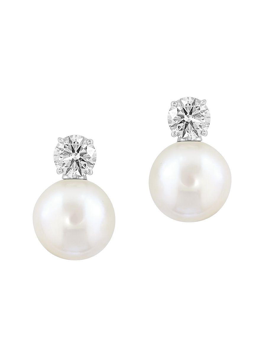 Women's 18K White Gold, Freshwater Pearl & 0.98 TCW Lab-Grown Diamond Earrings - White Gold