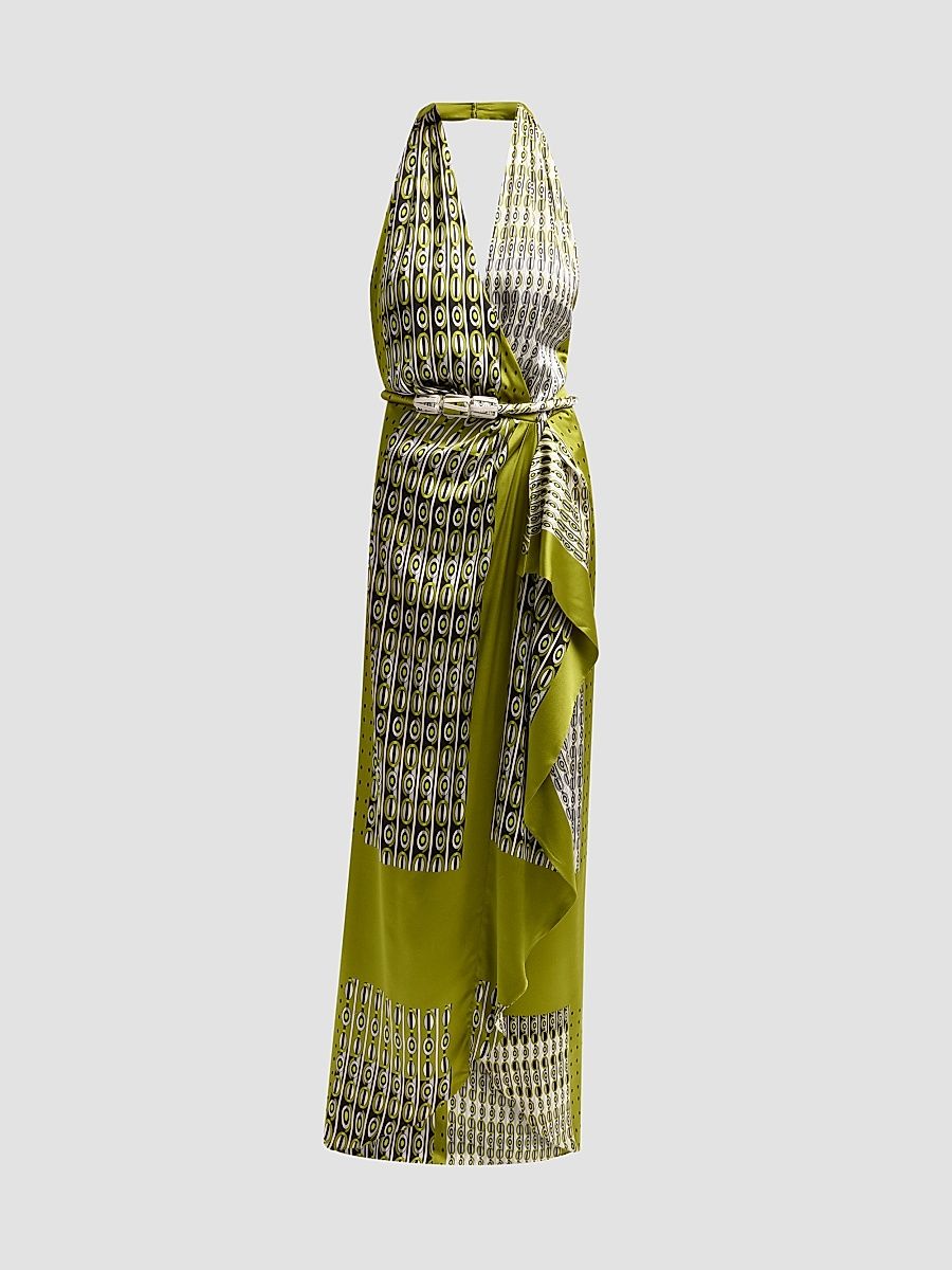 Women's Printed Stretch Silk Halter Maxi Dress - Abstract Green Print - Size XS
