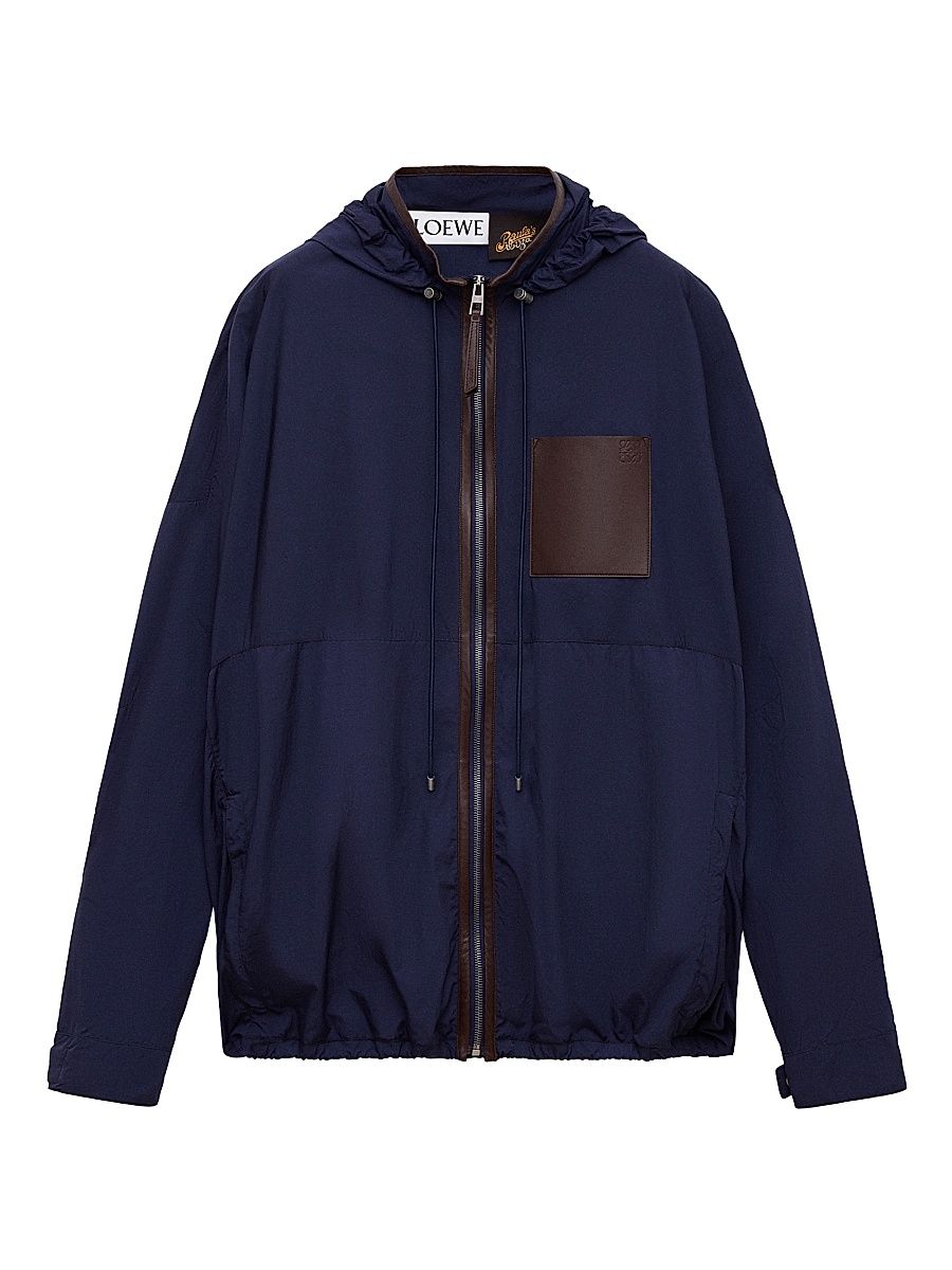 Men's LOEWE x Paula's Ibiza Leather-Trim Nylon Anorak Jacket - Navy Brown - Size 44
