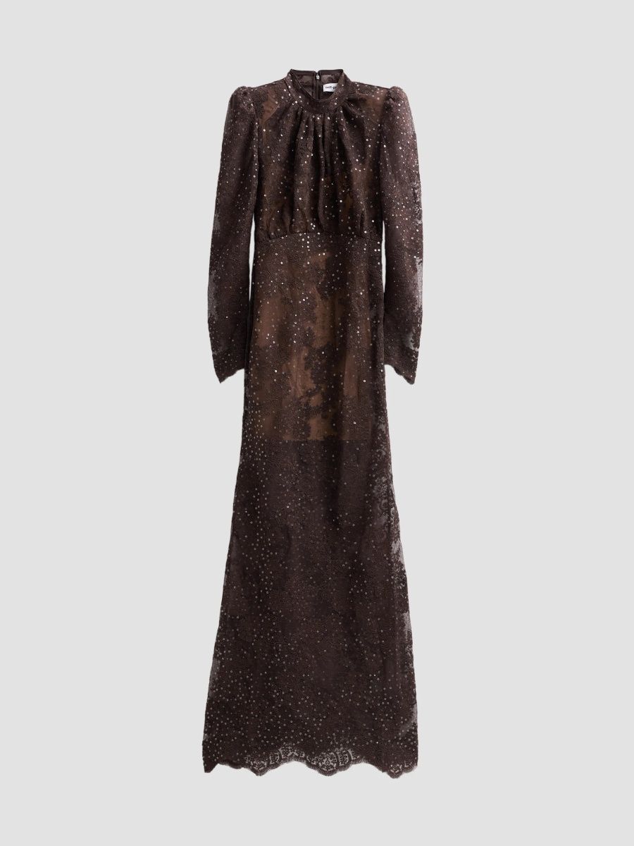 Self-Portrait Women's Sequined Lace Fitted Maxi Dress - Brown - Size 12