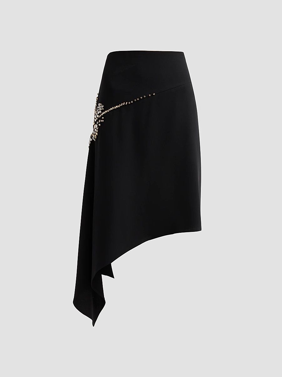 Women's Alethia Crystal Cascade Asymmetric Knee-Length Skirt - Black - Size 16
