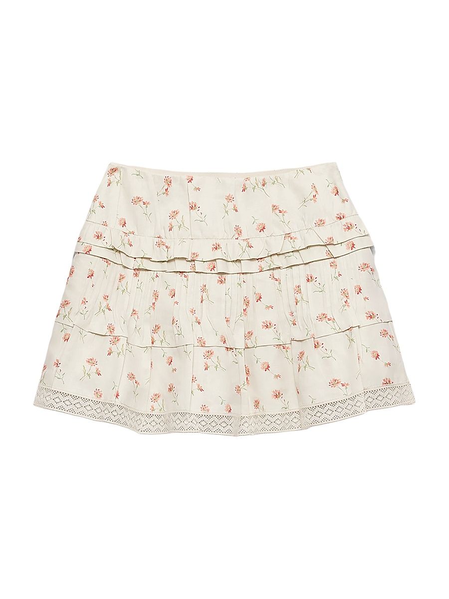 Women's Floral Print Linen Mini Skirt - Beige Khaki - Size 10