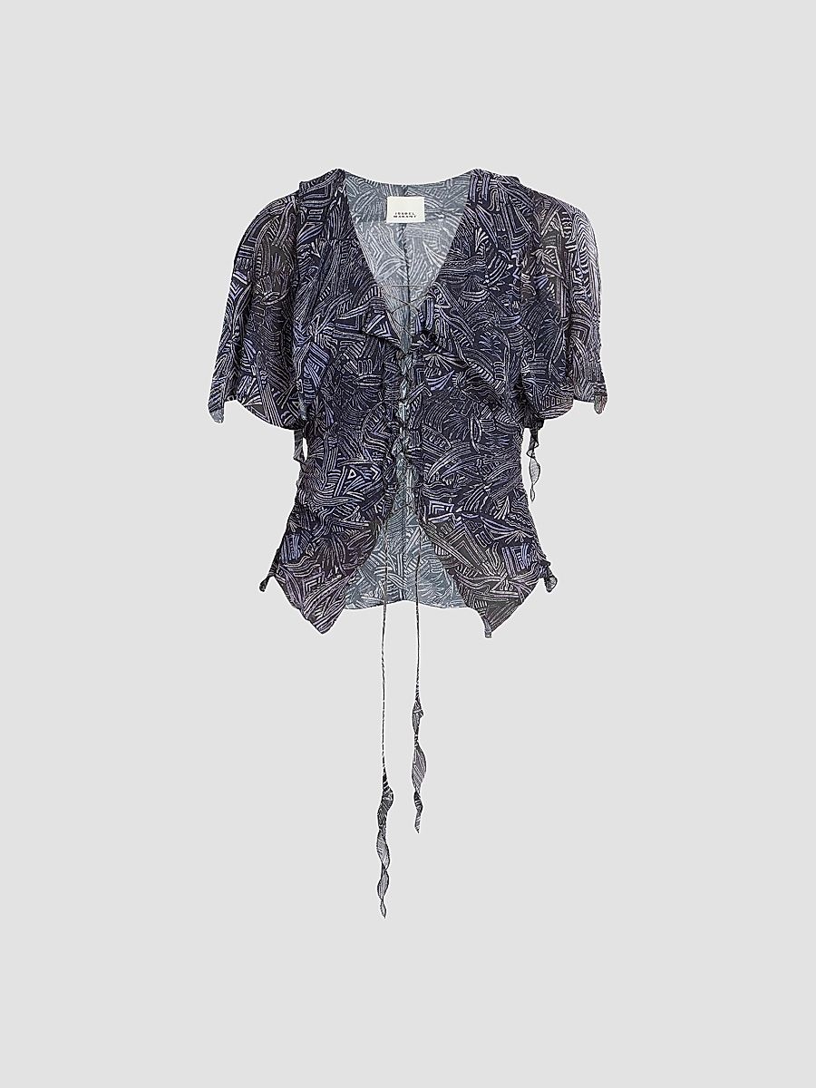 Isabel Marant Women's Thanais Abstract-Print Ruffled Silk Top - Faded Night - Size 10