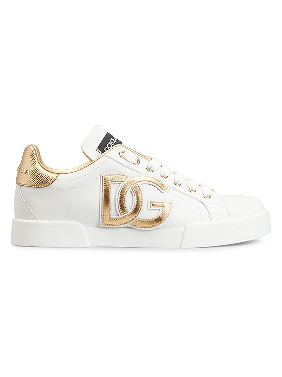 Women's Portofino Logo Metallic Leather Low-Top Sneakers - Bianco - Size 10