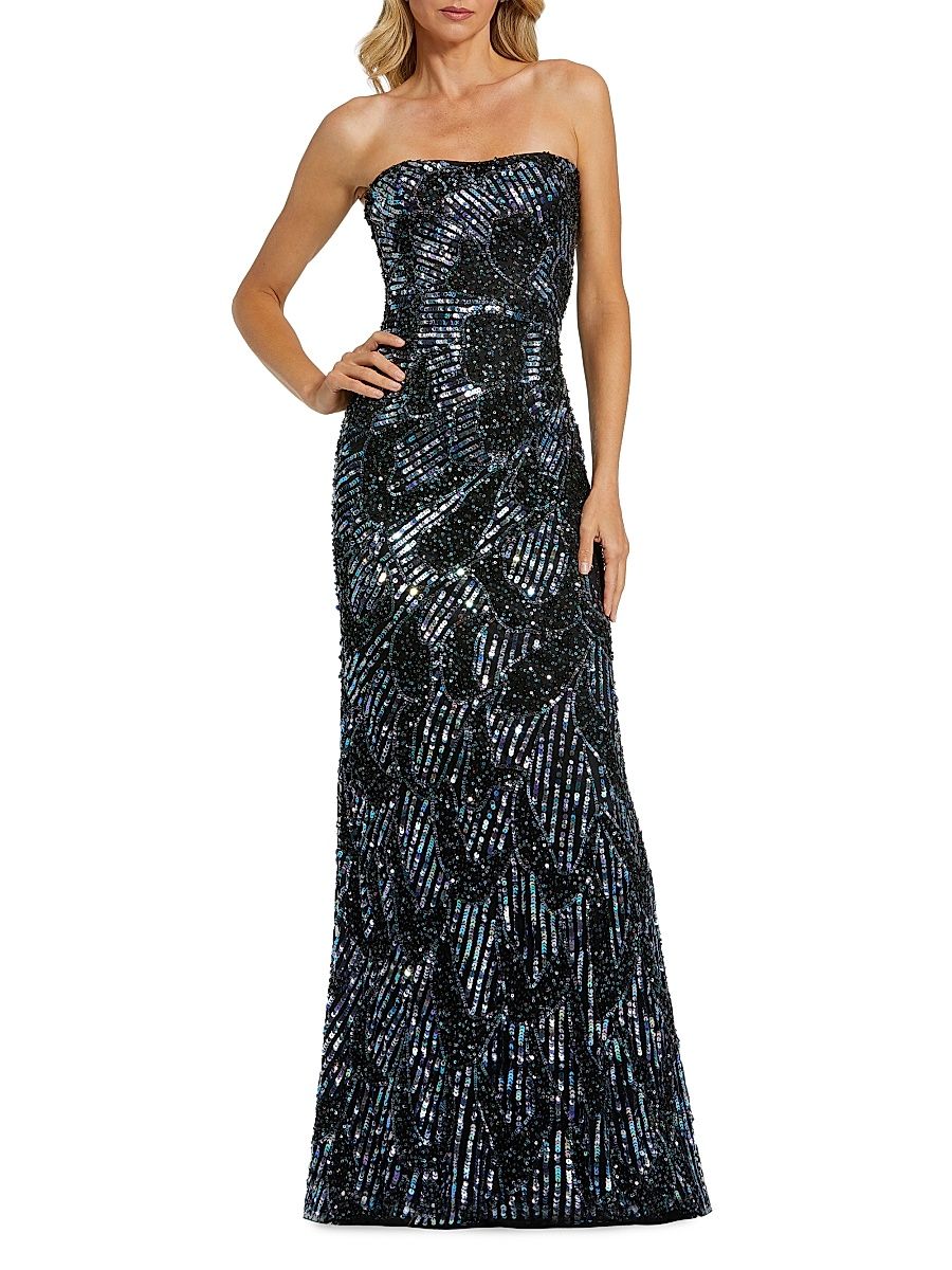Women's Sequined Petal Strapless Column Gown - Black Multi - Size 12