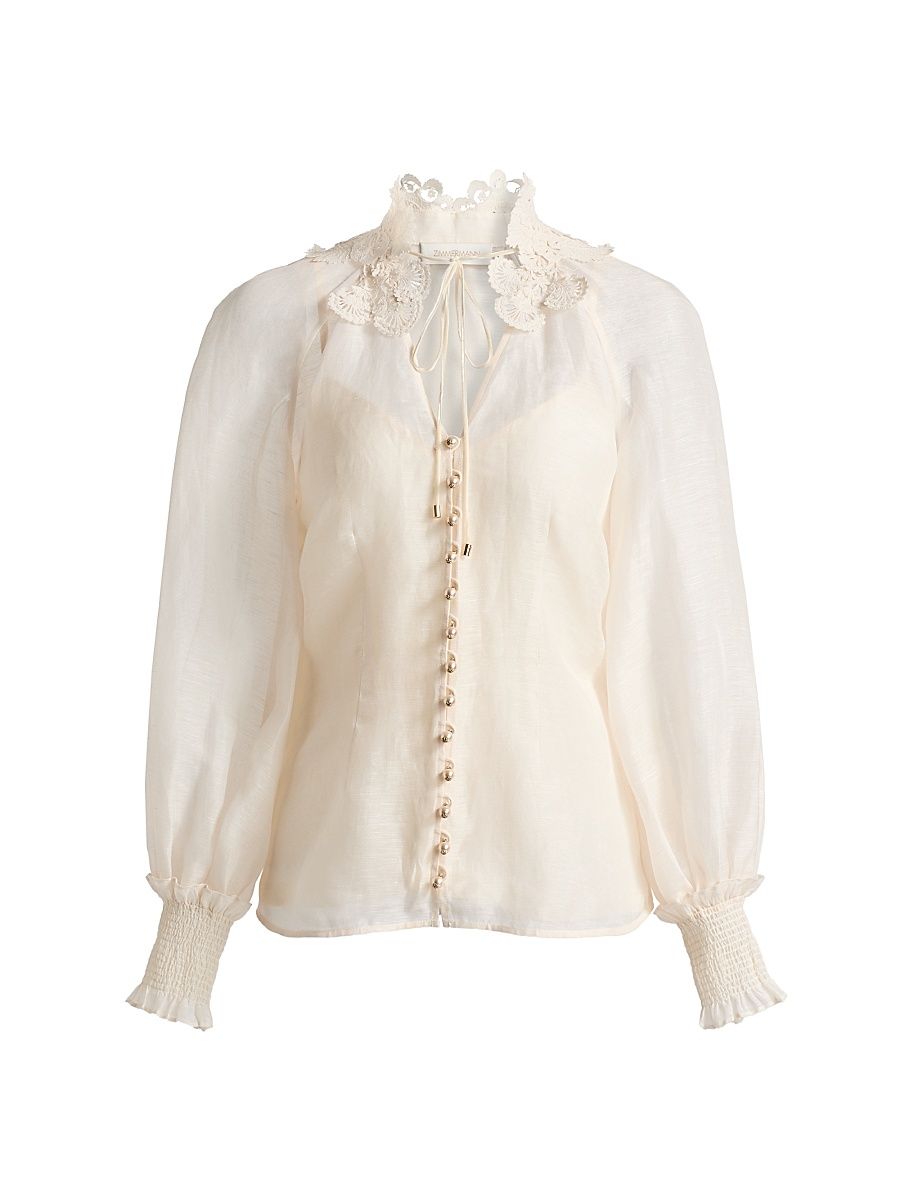 Women's Rebellion Linen-Silk Collared Blouse - Cream - Size 10
