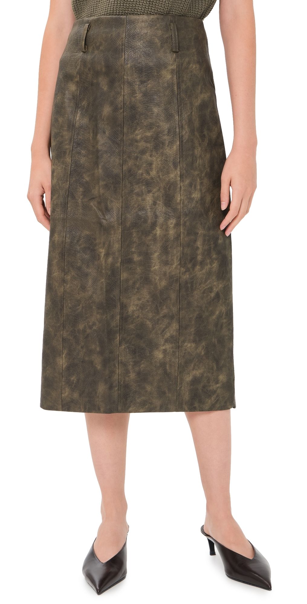 En Saison Faux Leather Margot Midi Skirt Olive M