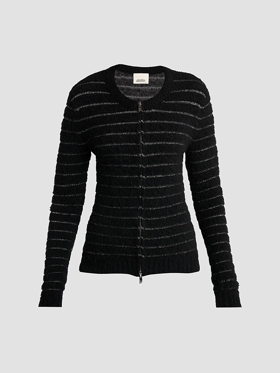 Isabel Marant Women's Seona Metallic Stripe Full-Zip Cardigan - Black Silver - Size 10