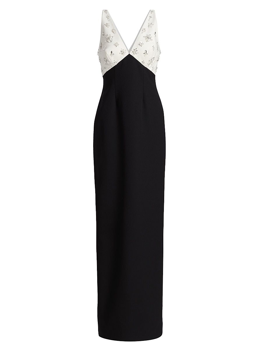 Women's Embellished Two-Tone Column Gown - White Black - Size 12