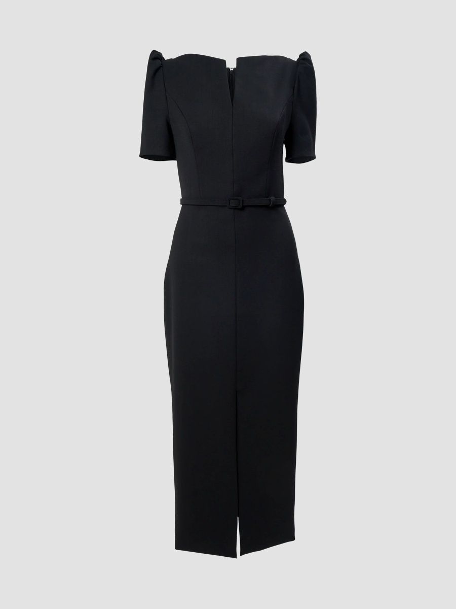 Carolina Herrera Women's Chalet Split-Neck Stretch-Wool Midi Dress - Black - Size 16
