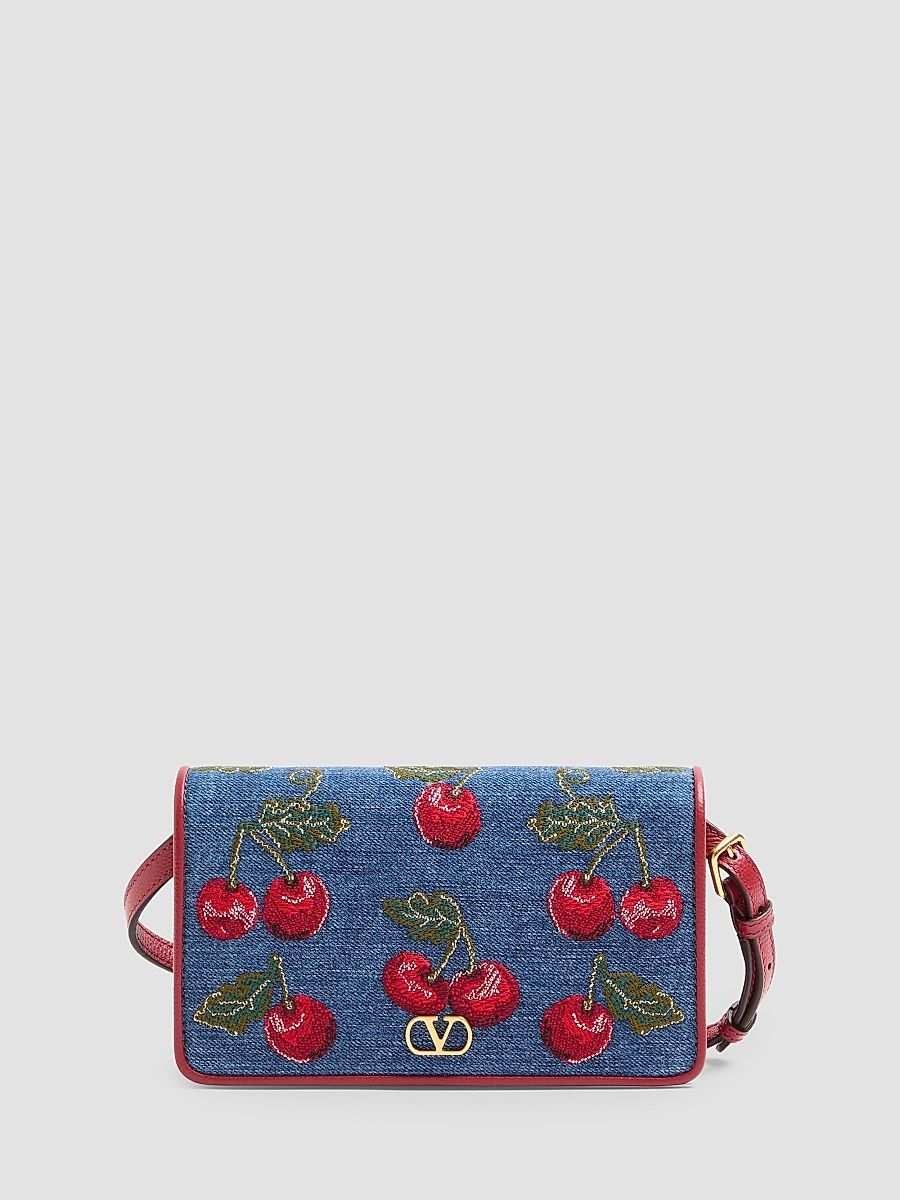 Women's Denim Shoulder Bag with Cherry Embroidery - Denim Multicolour