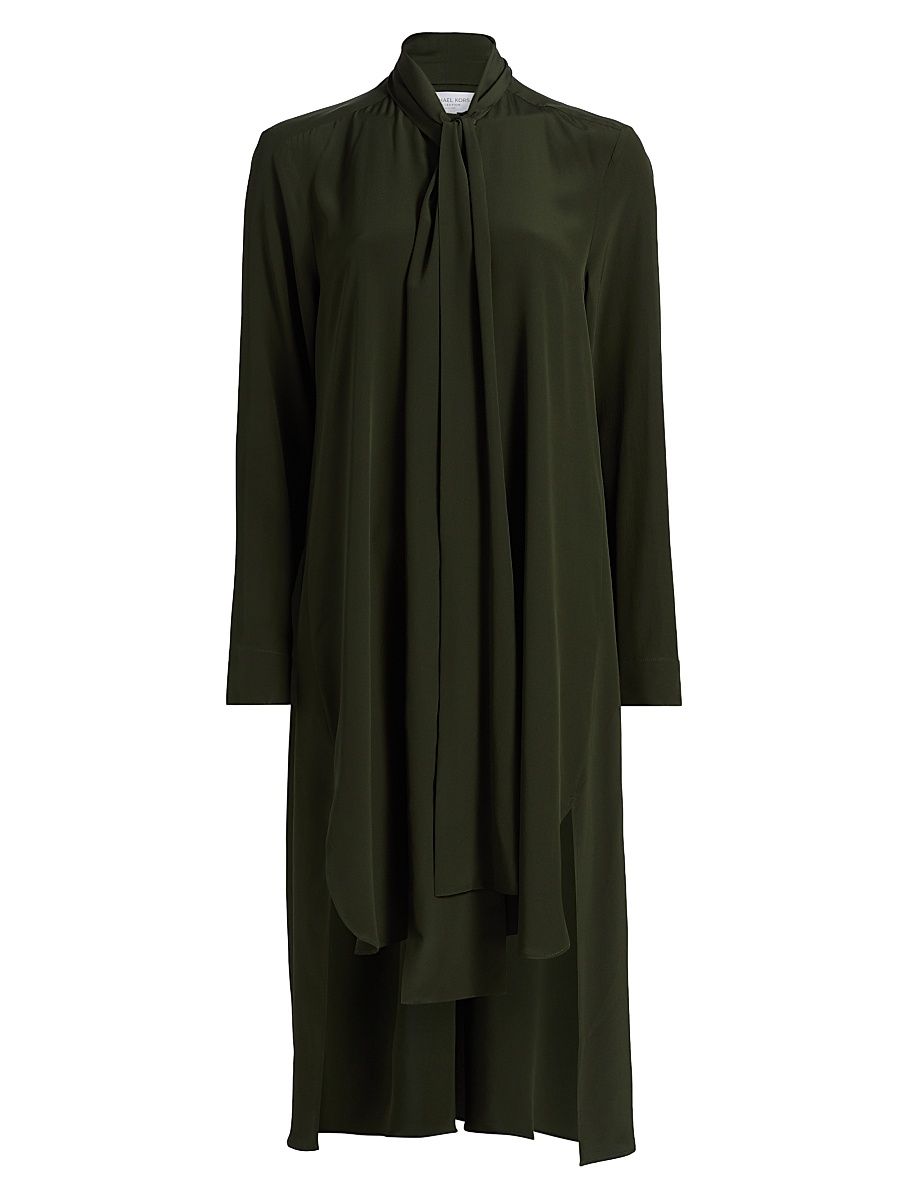 Women's Scarf-Tie Silk Hi-Low Shirtdress - Bottle - Size Medium