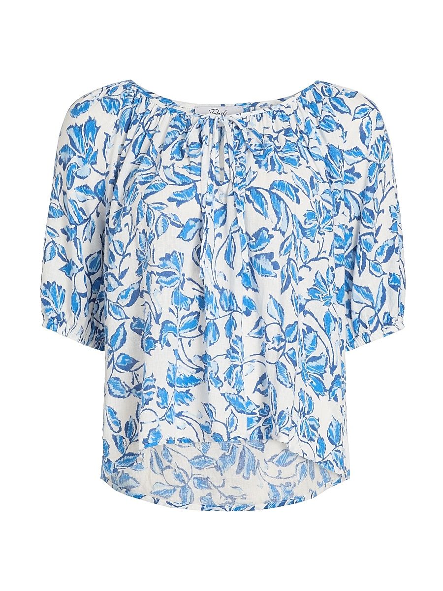 Women's Kirstie Botanical Print Linen-Blend Top - Azure Jasmine - Size Large