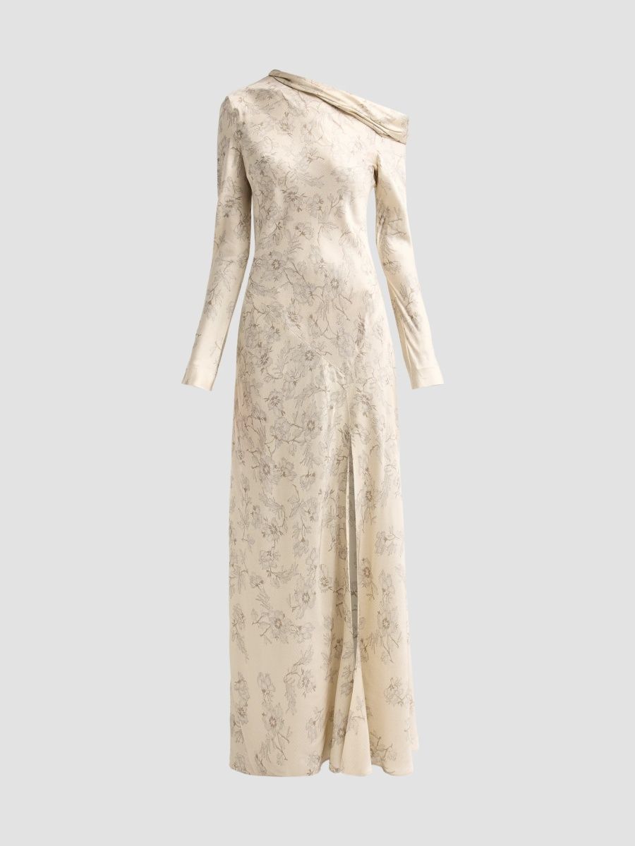 Alberta Ferretti Women's Lace Printed Satin One-Shoulder Gown - Beige Multi - Size 4