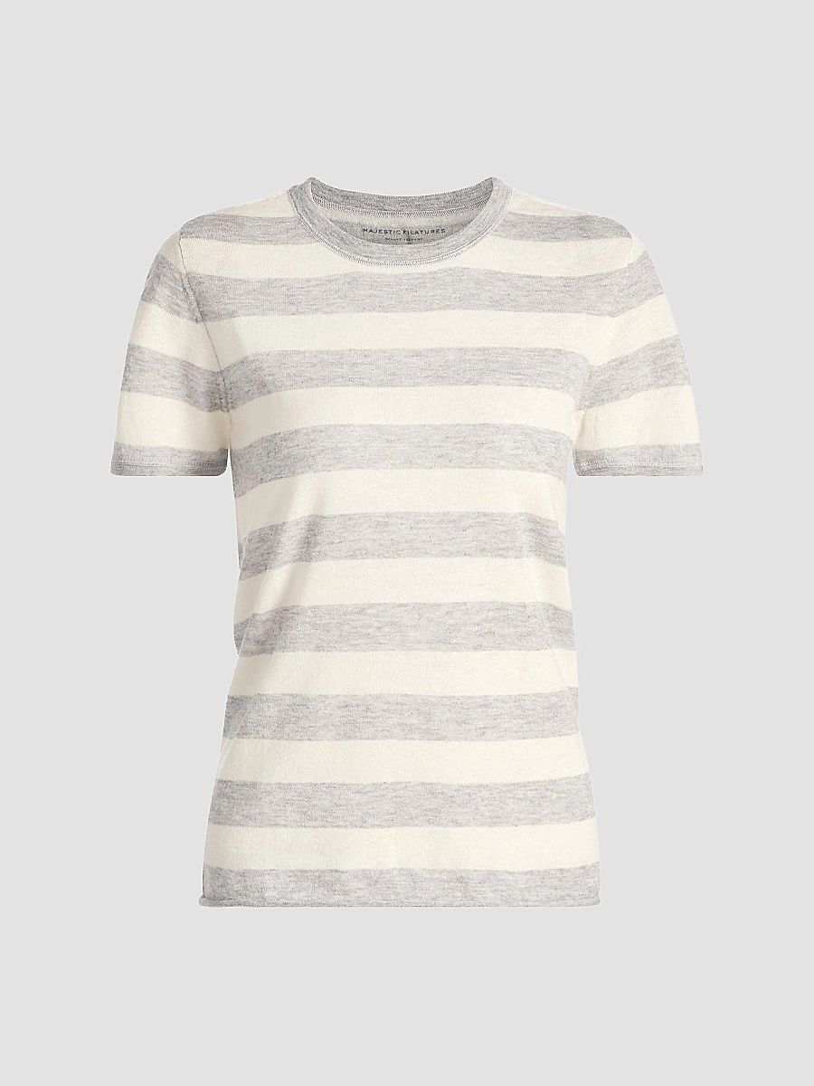 Majestic Filatures Women's Cashmere Stripe Crewneck T-Shirt - Brume Chine Milk - Size Large