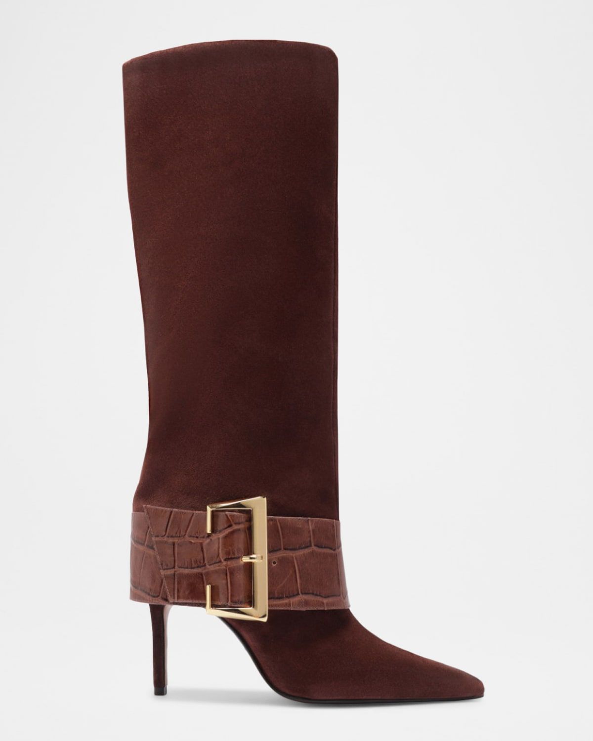 Beatrix Suede Knee-High Boots with Croc-Embossed Buckle