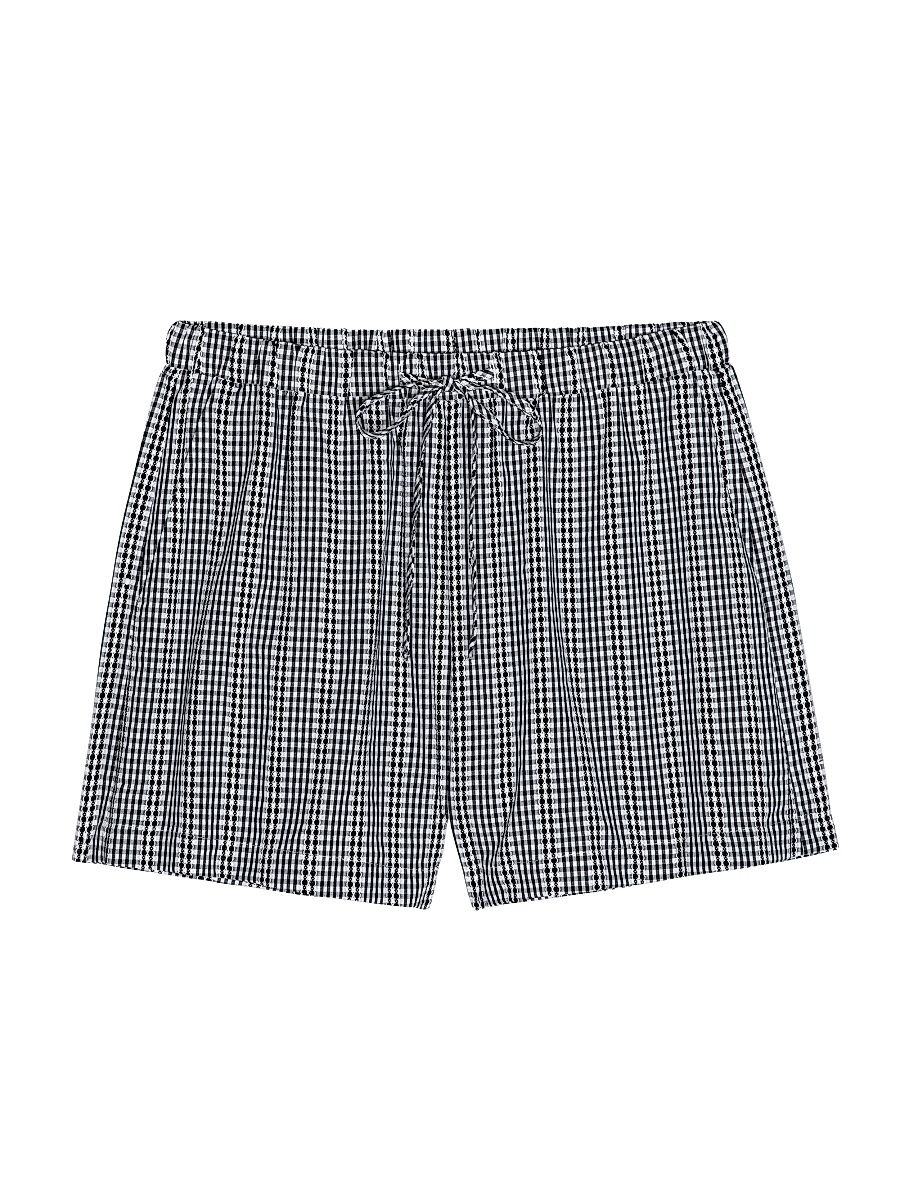 Women's Embroidered Cotton Drawstring Shorts - Black Gingham - Size XL