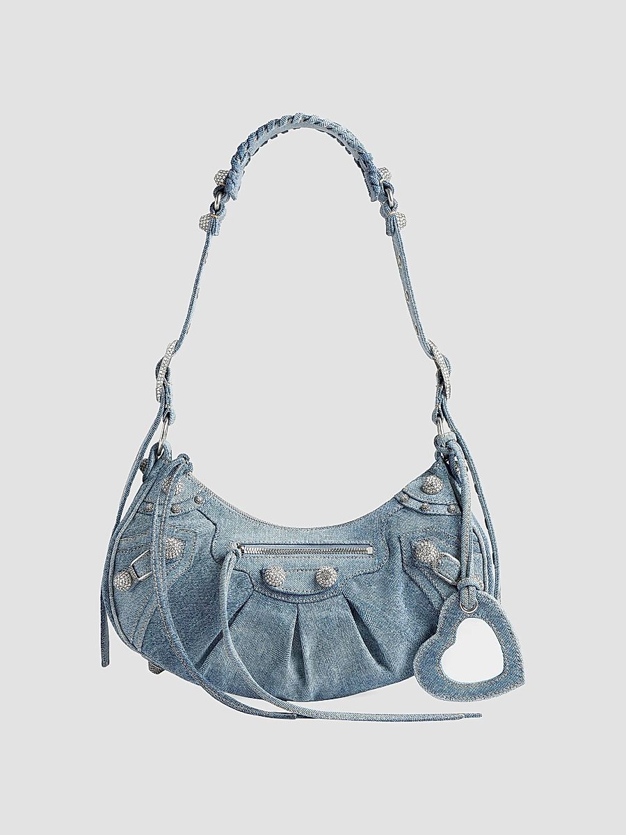Balenciaga Women's Le Cagole Small Shoulder Bag In Denim With Rhinestones - Blue