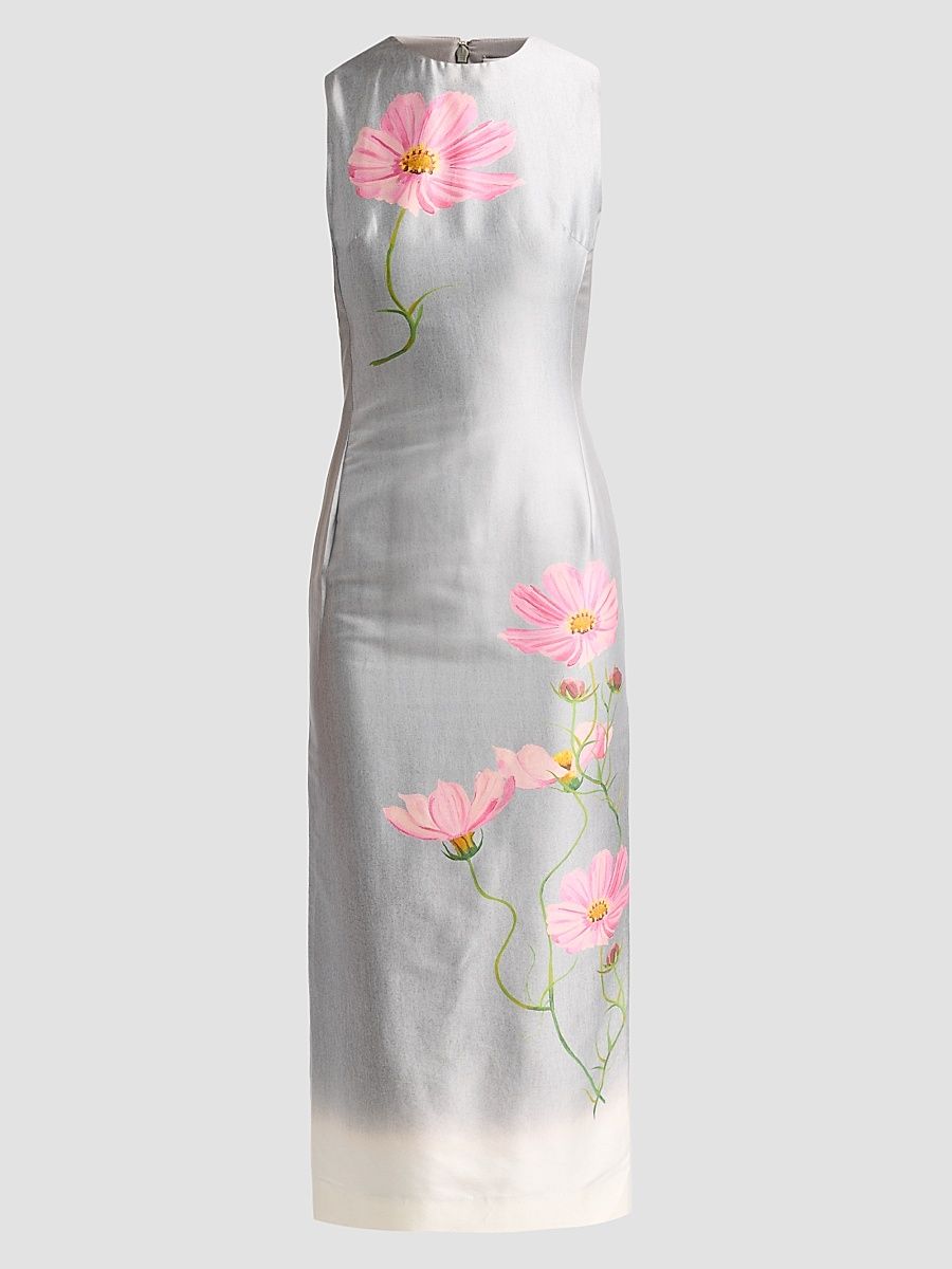 Women's Floral Cotton-Blend Mikado Sheath Midi Dress - Pink Grey - Size 6