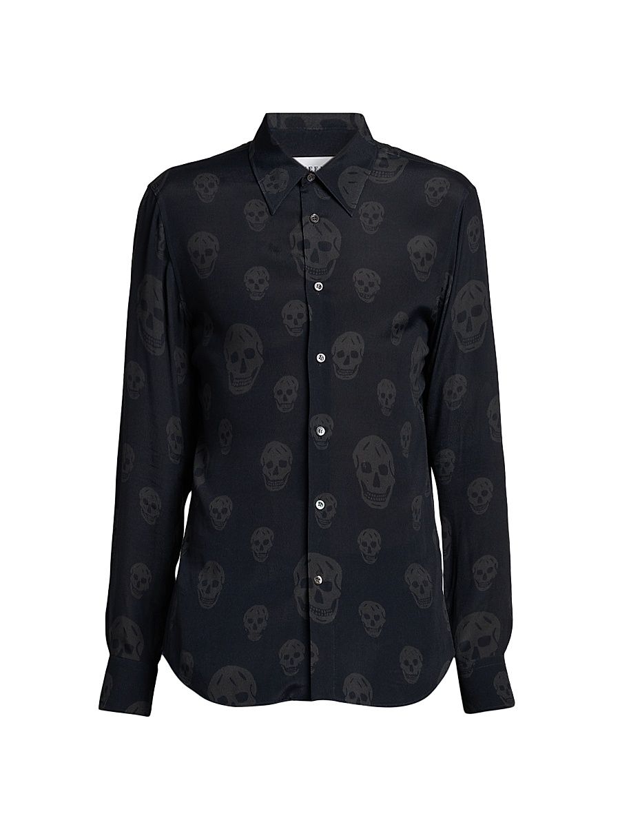 Men's Skull Button-Front Shop Shirt - Black Charcoal - Size 17