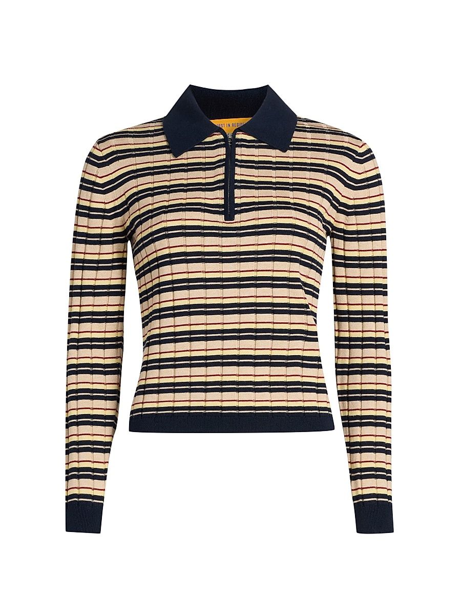 Women's Striped Silk-Linen Track Polo Shirt - Midnight Combo - Size XL