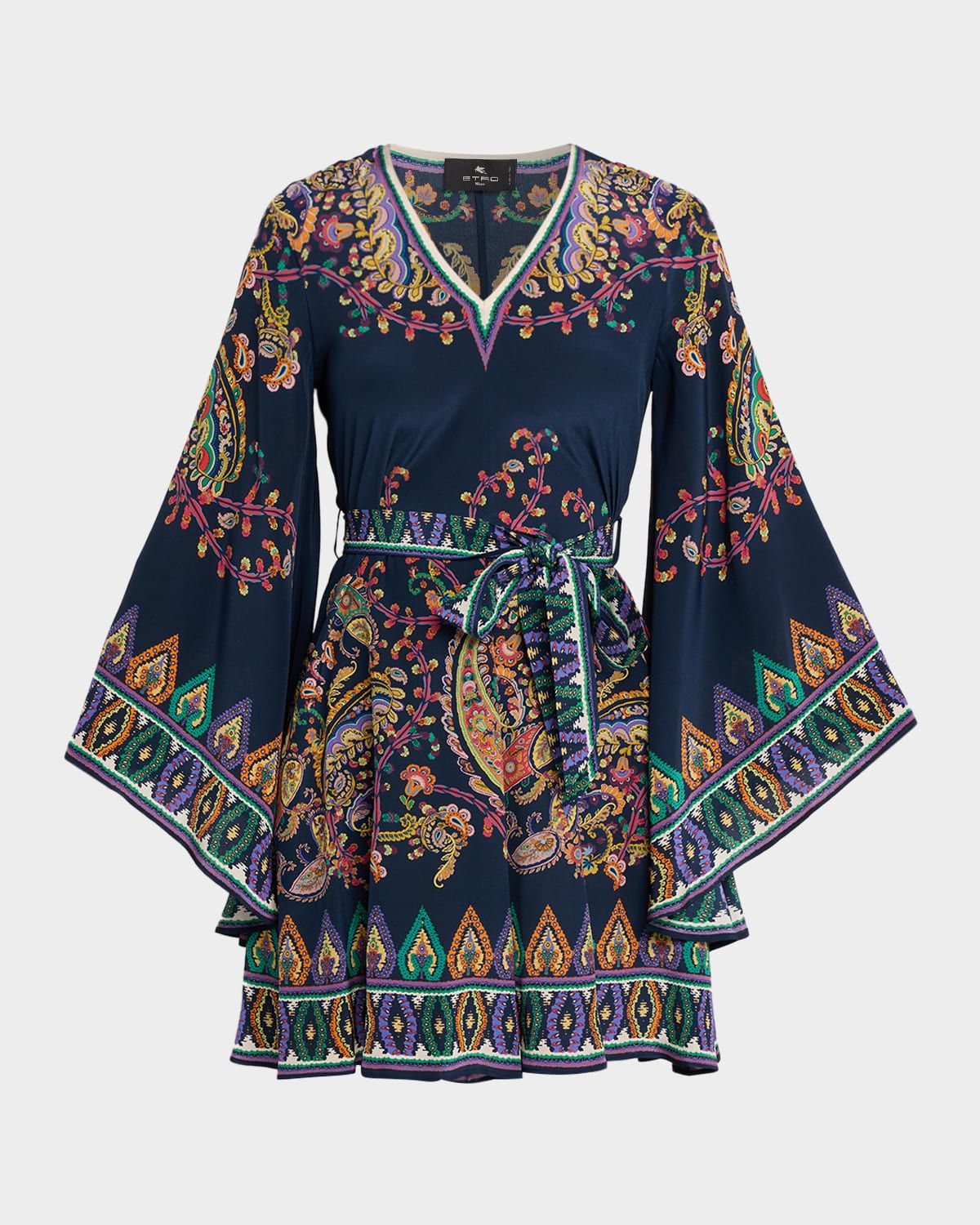 Paisley Silk Belted Bell-Sleeve Mini Dress