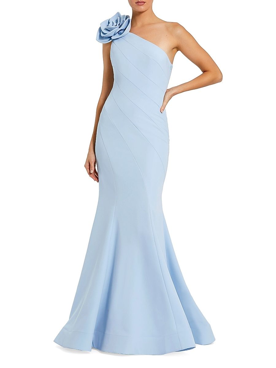 Women's Flower-Detailed Crepe One-Shoulder Mermaid Gown - Powder Blue - Size 0