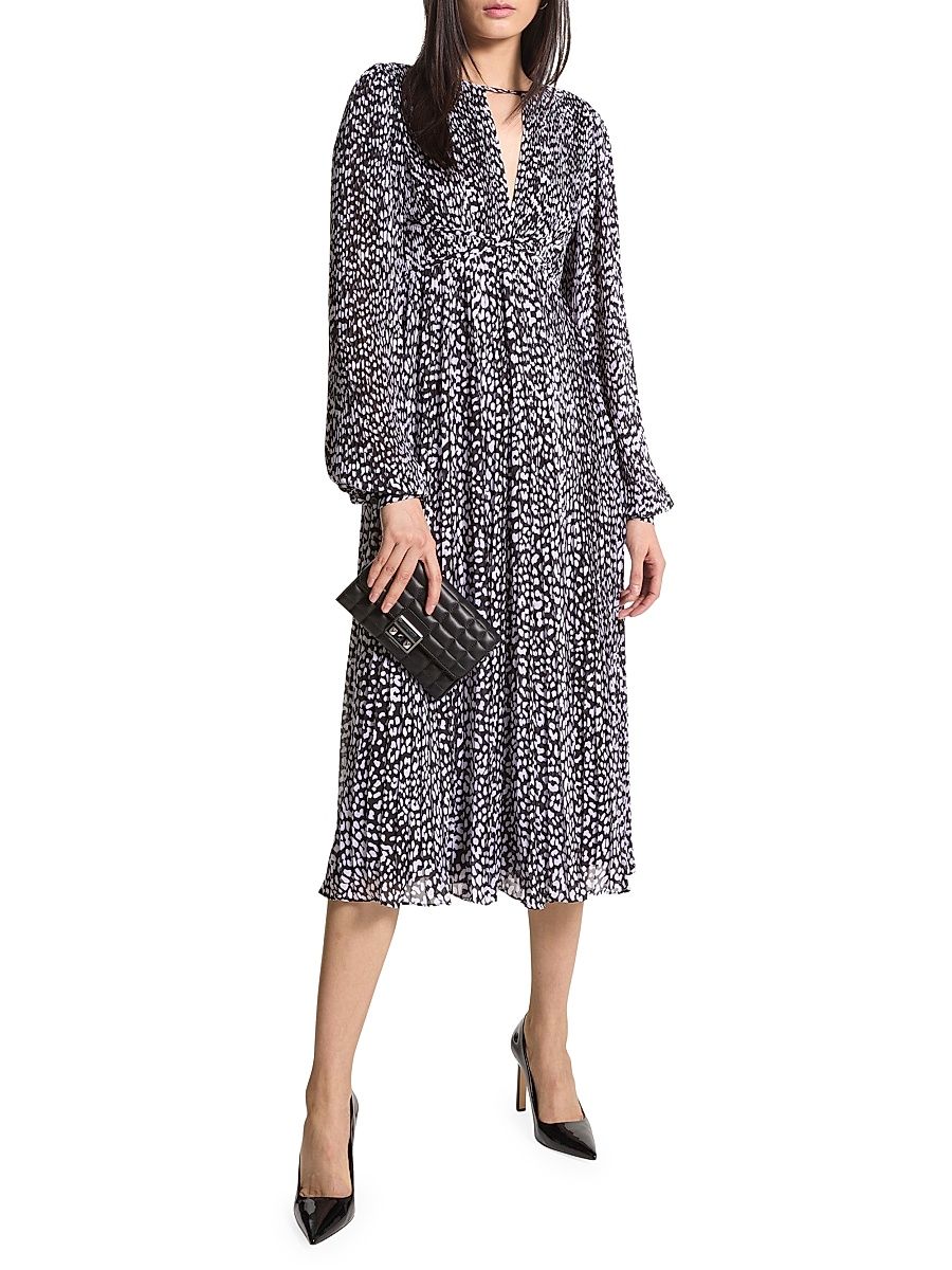 Women's Cheetah Pleated Midi-Dress - Black White - Size Small