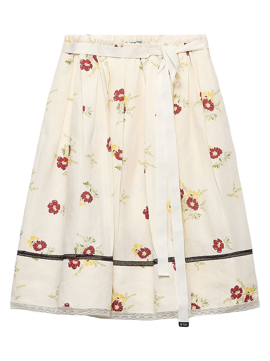 Women's Floral Print Linen Skirt - Beige Multi - Size 12