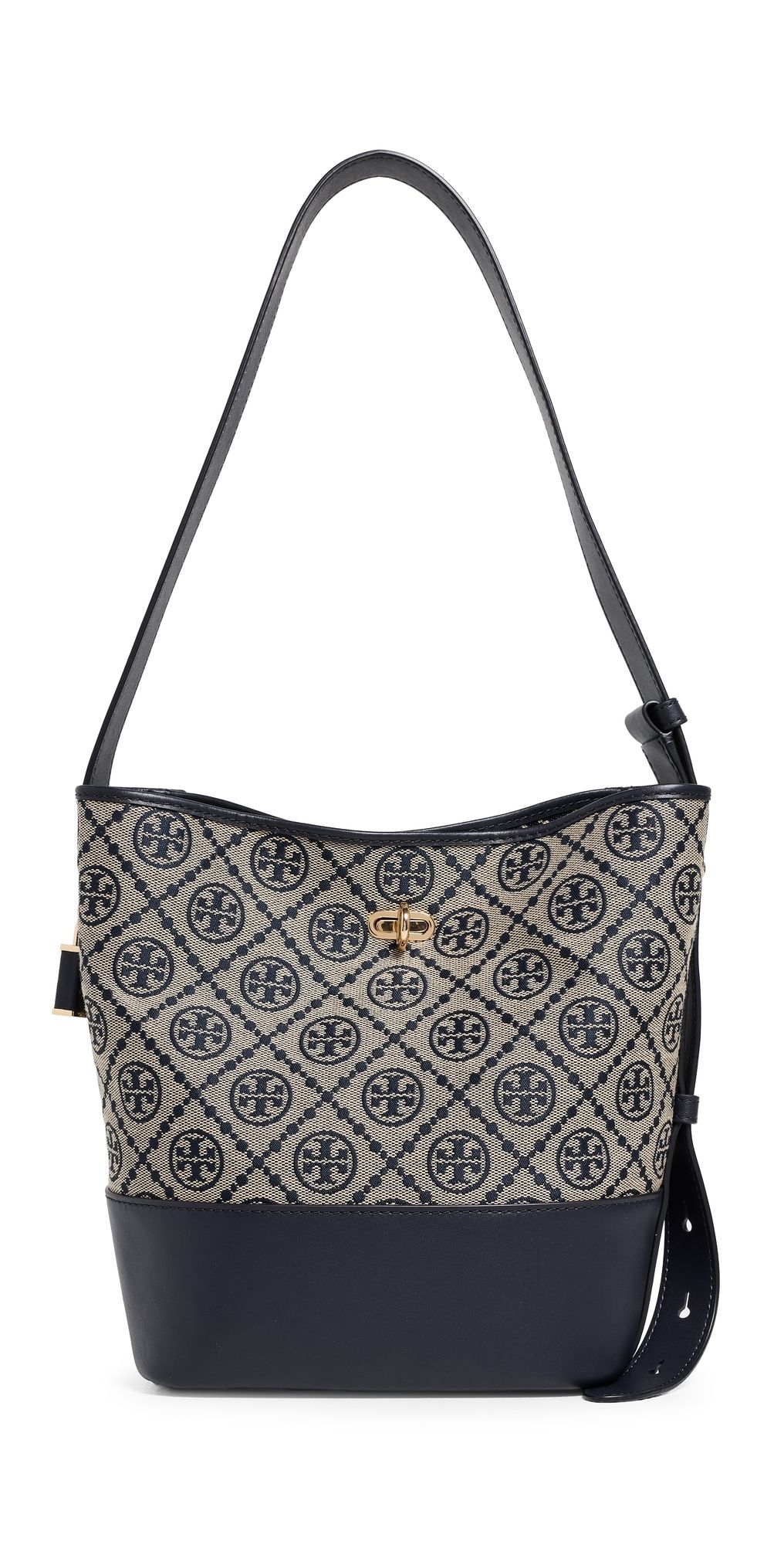 Tory Burch Lock T Monogram Slim Medium Bucket Bag Tory Navy One Size