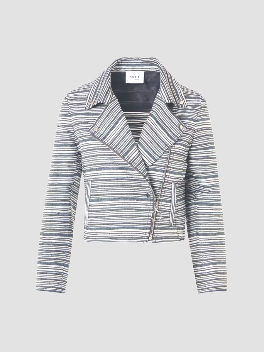 Akris punto Women's Striped Silk Crop Biker Jacket - Black Denim Cream - Size 10