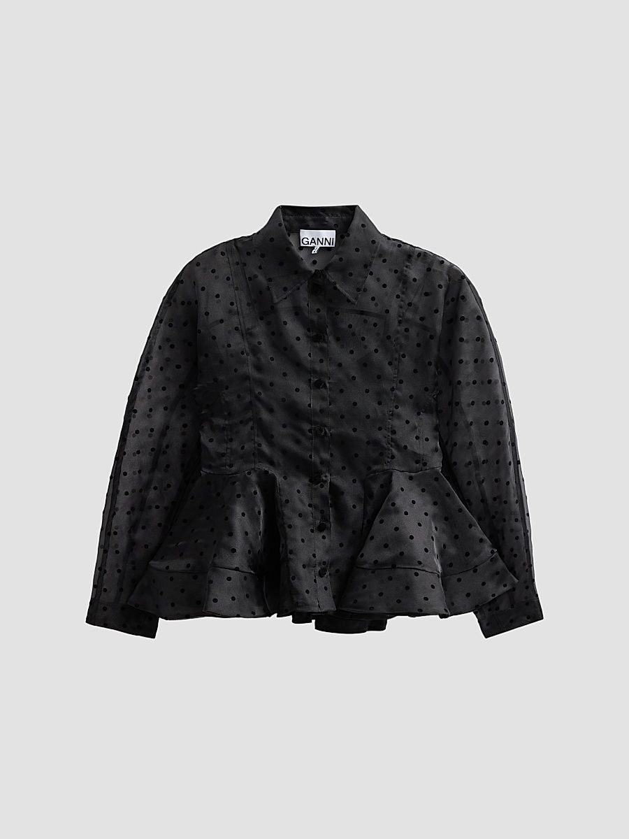 Women's Flocked Dot Organza Peplum Shirt - Black - Size 14