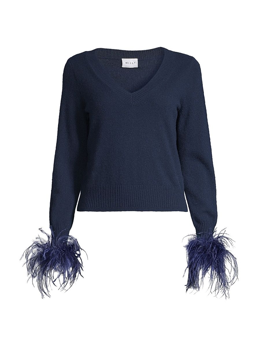 Women's V-Neck Feather-Cuff Sweater - Navy - Size XL