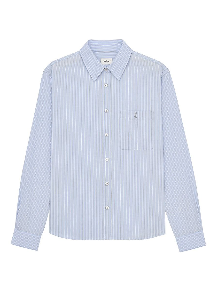 Saint Laurent Women's Cassandre Shirt in Striped Cotton Poplin - Bleu Gris - Size 2