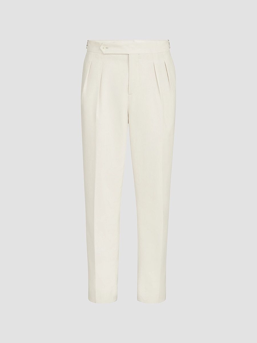Men's Cotton Narrow Wale Corduroy Tuxedo Trousers with Double Pleats - Milk - Size 36
