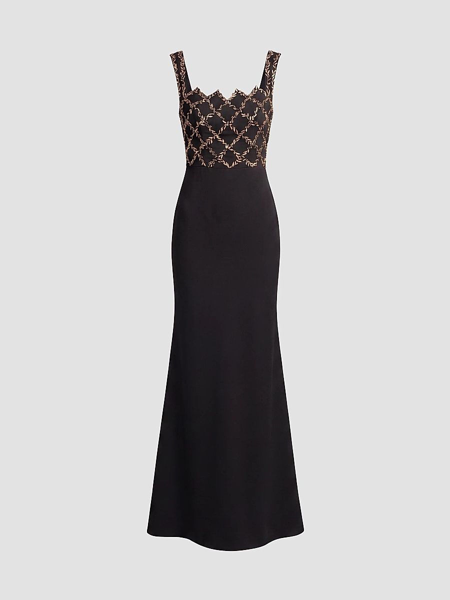 Women's Embellished Grid Bustier Gown - Black Gold - Size 16
