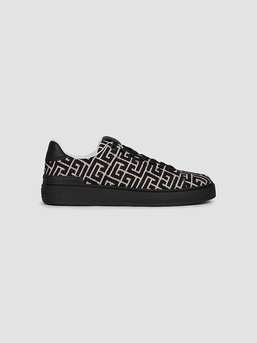 Balmain Men's B Court Monogram Jacquard Low-Top Sneakers - Noir Ivory - Size 10