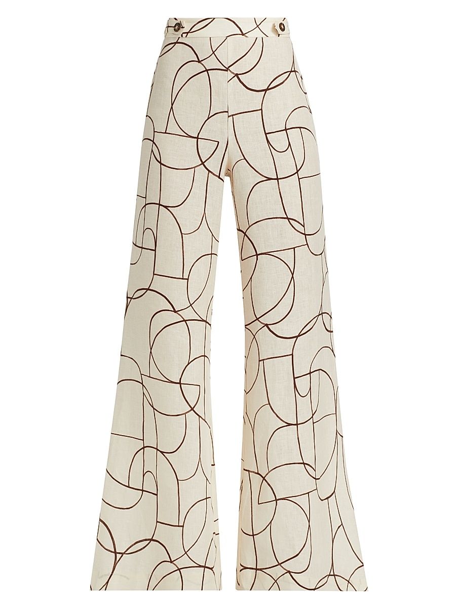Women's Annika Printed Linen Flared Pants - Brown Geo Print - Size 6